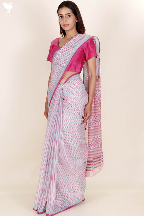 Kota Doria Saree In Block Print